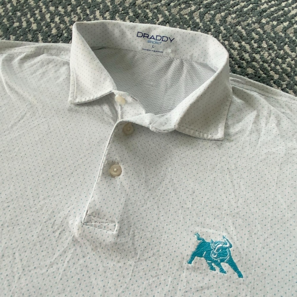 B Draddy Sport USF South Florida Bulls Mens large Golf Polo Shirt White Teal Dot